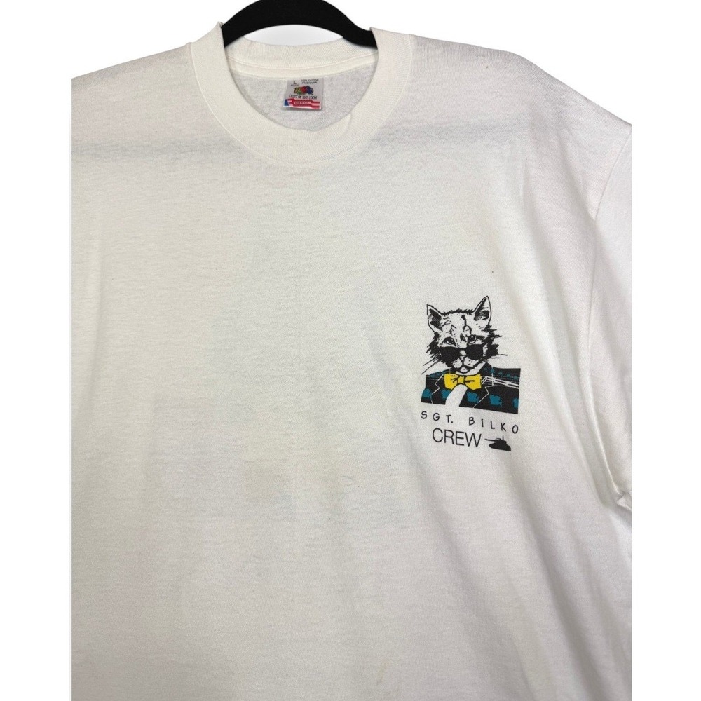 Vintage 1990 Tomkats Catering T Shirt L White Sgt Bilko Film Crew Promo Cat - Picture 3 of 14